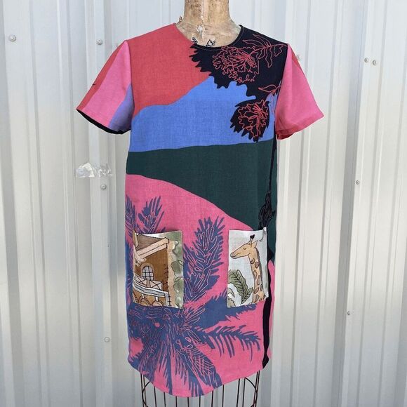 Anthropologie Geisha Designs Tropical Safari Shift Mini Dress Embroidered Giraff - Picture 1 of 9